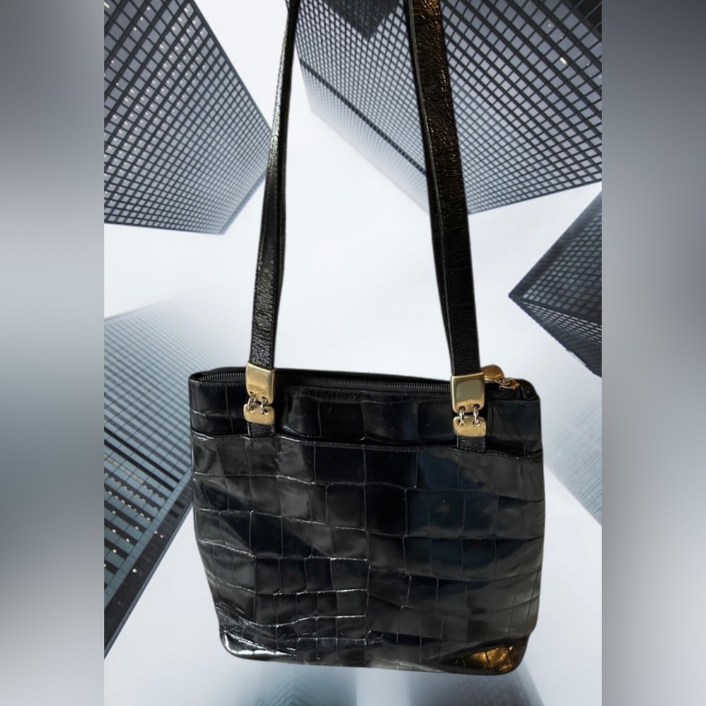 Paola del lungo Vintage Black Croc Embossed Italian Leather Shoulder Bag